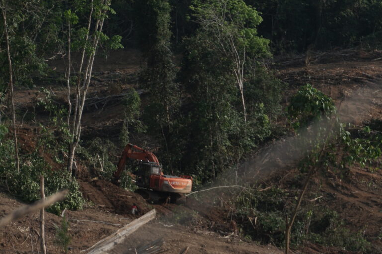 Seorang warga menggunakan ekskavator untuk membuka kebun sawit di konsesi PT HAN, di wilayah Kabupaten Merangin.dok.Teguh.JPG